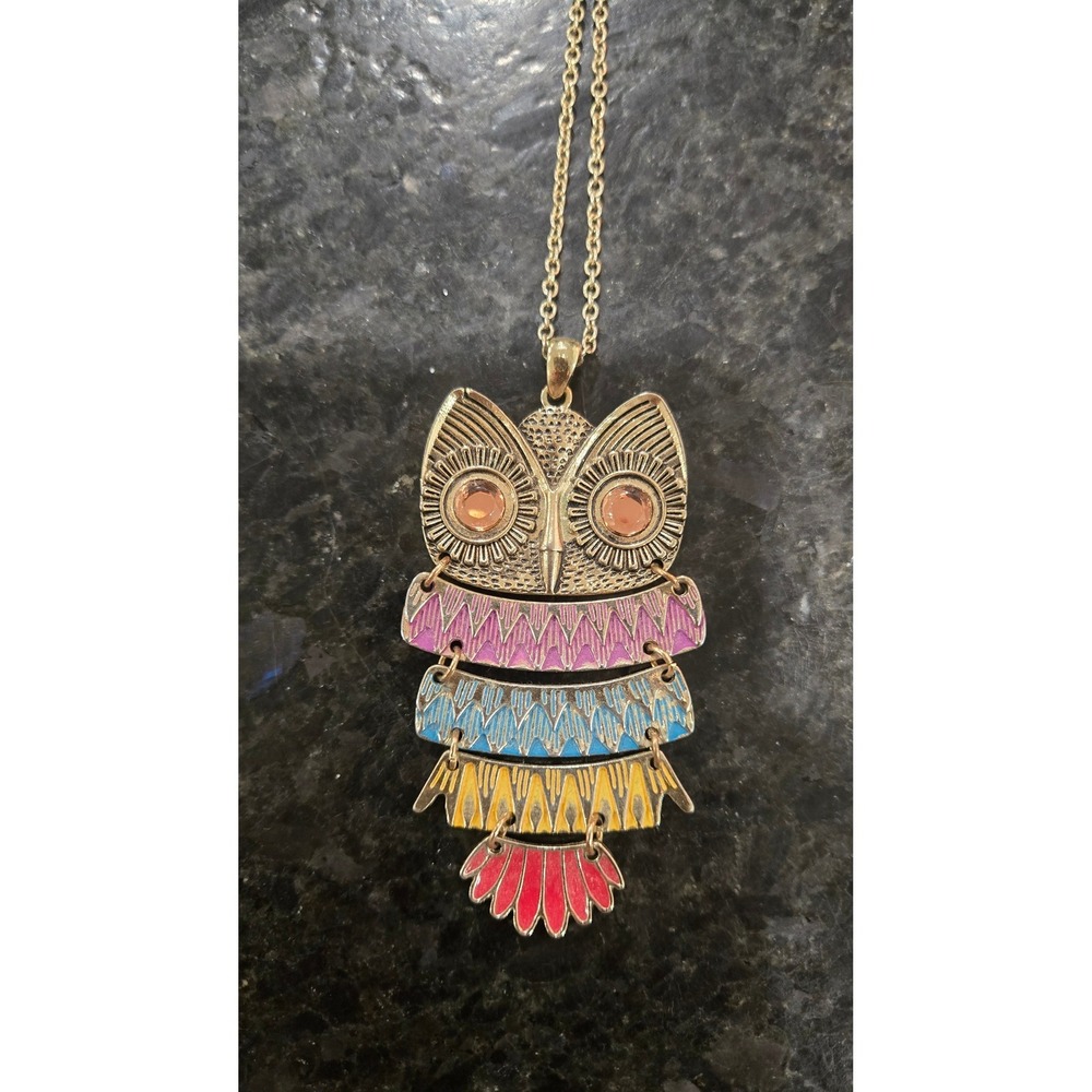 Articulated Owl Pendant Necklace Gold Tone Enamel Multi Color Boho Statement